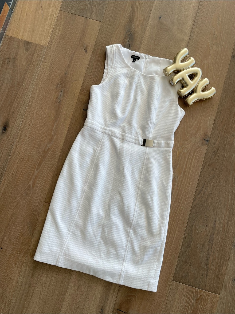 Talbots Sleeveless White Sheath Dress with Silver Detail